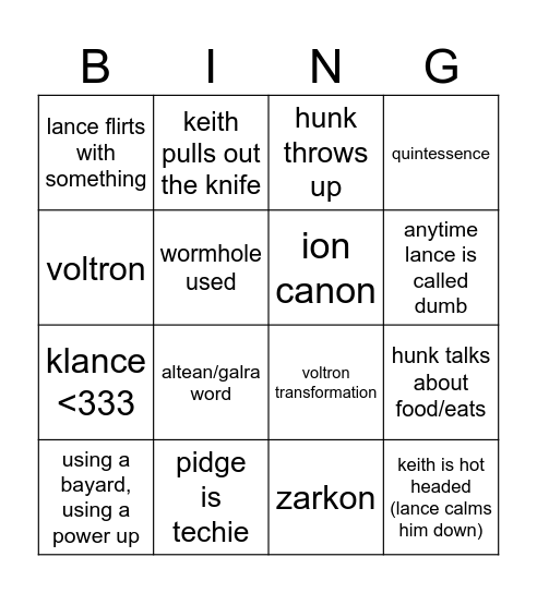 Voltron Bingo!! Bingo Card