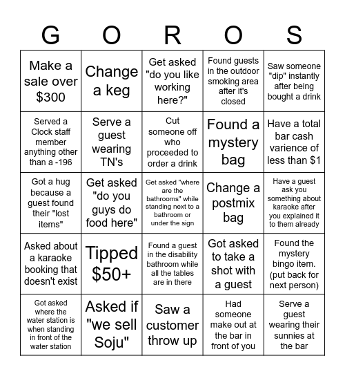 Bar Bingo - Novemeber Bingo Card