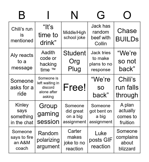 Group Chat Bingo Card