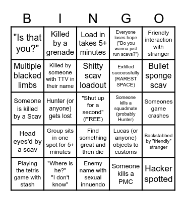 Saucetime Tarkov Bingo Card