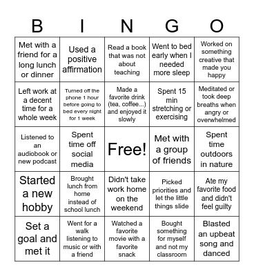 Teacher Self-Care Bingo Card
