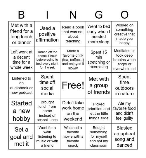 Teacher Self-Care Bingo Card