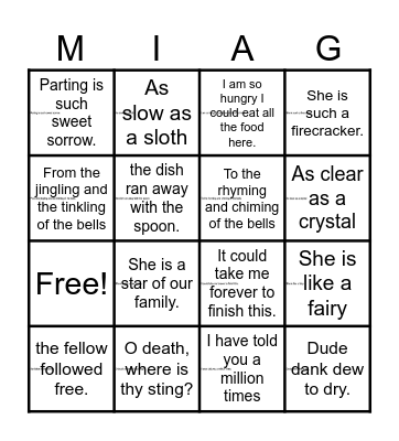 Figures of Speech Bingo Card