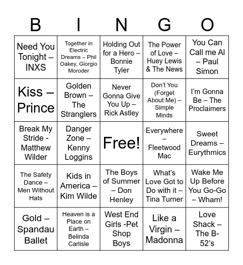 MUSIC BINGO - 80s Edition Bingo Card