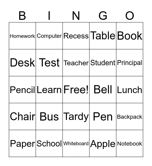 School Bingo Card