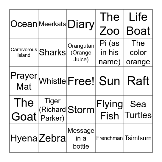 Life of Pi Bingo Card