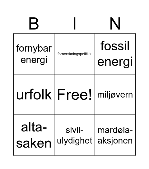 natur bingo Card