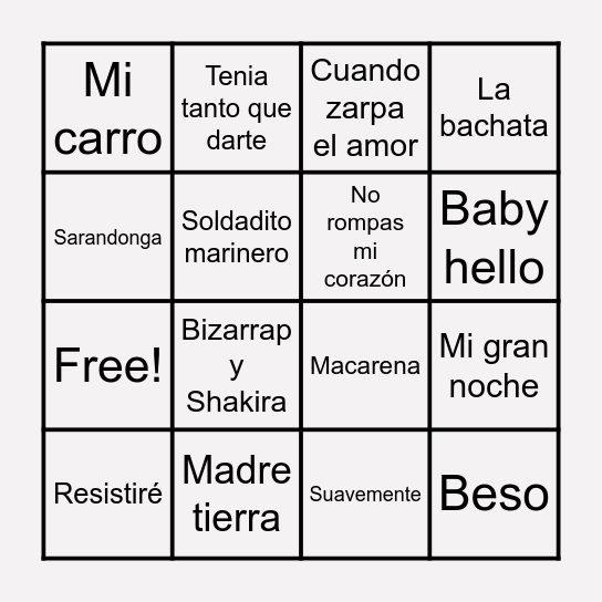 BINGO CANCIONES Bingo Card