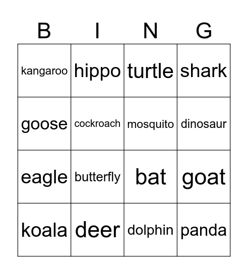 animal Bingo Card