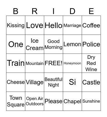 Italian Word Bingo Card