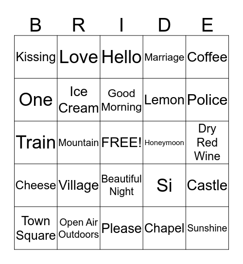 Italian Word Bingo Card