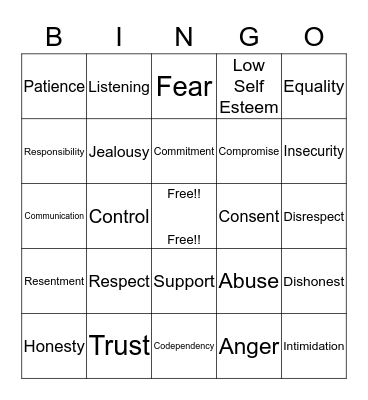 Relationship Bingo Card