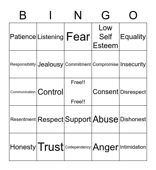 Relationship Bingo Card