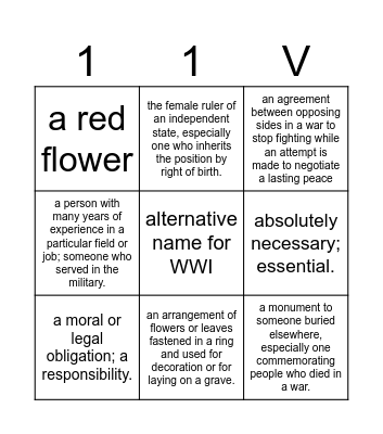 Remembrance Day Bingo Card