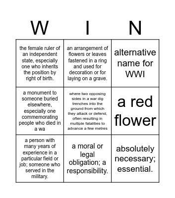 Remembrance Day Bingo Card