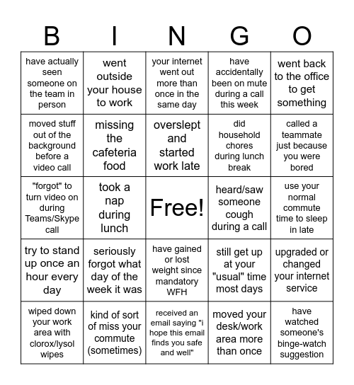 Work From Home Bingo Card