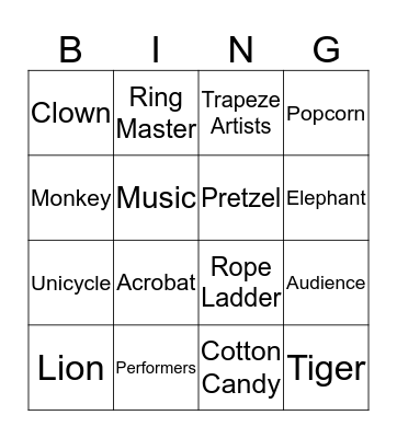 Circus Bingo Card