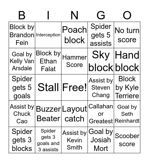 Spiders Bingo Card