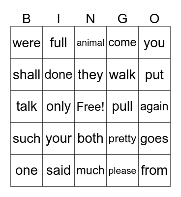 Trick Word Bingo Card