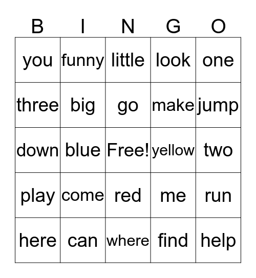 Pre-Primer Dolch II Bingo Card
