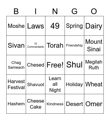 Shavuot Bingo Game Bingo Card