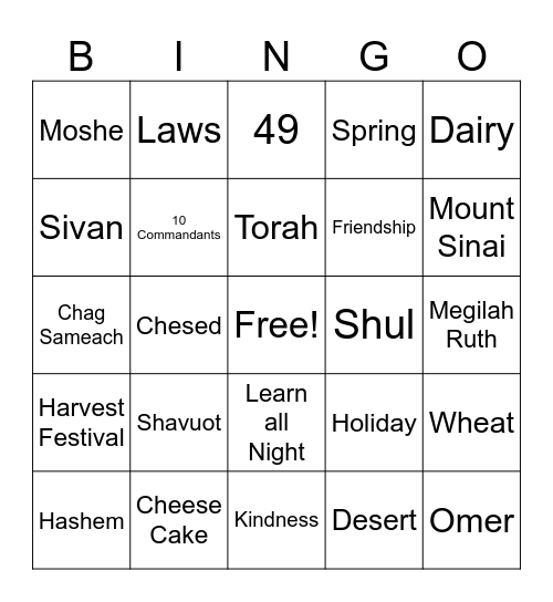 Shavuot Bingo Game Bingo Card