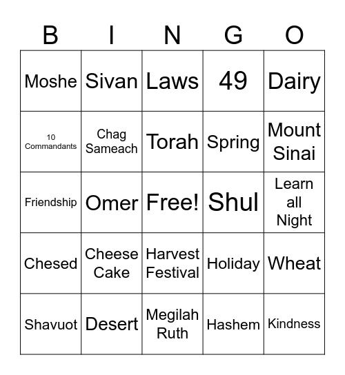 Shavuot Bingo Game Bingo Card