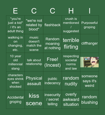 Garbage Romance / Ecchi Anime Tropes Bingo Card