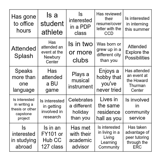 First-Year Success Bingo: Find Someone Who... Bingo Card