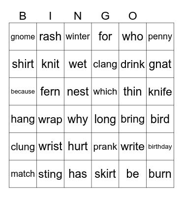 Silent Letters, Ng/Nk, Bossy R and Sight words Bingo Card
