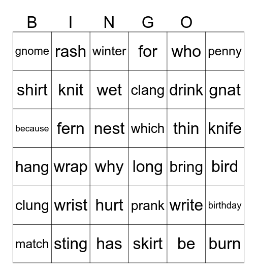 Silent Letters, Ng/Nk, Bossy R and Sight words Bingo Card