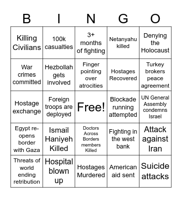 Israel/Palestine War Bingo Card