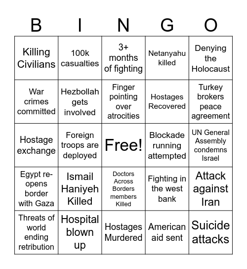 Israel/Palestine War Bingo Card