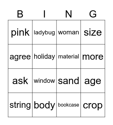 English Bingo Card