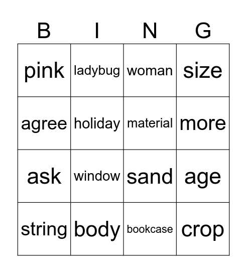 English Bingo Card