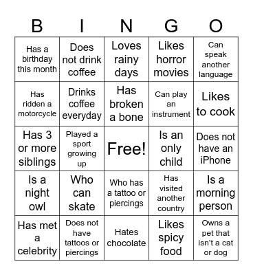 Icebreaker Bingo Card