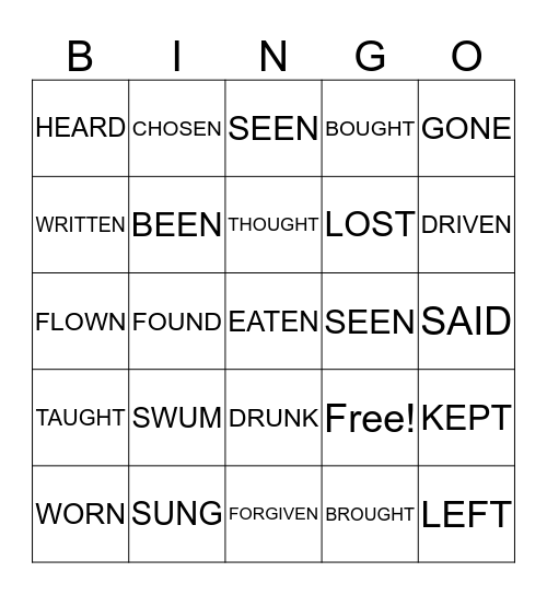 PARTICIPLES OF IRREGULAR VERBS Bingo Card