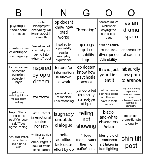 scrolling through the #whump tag Bingo Card