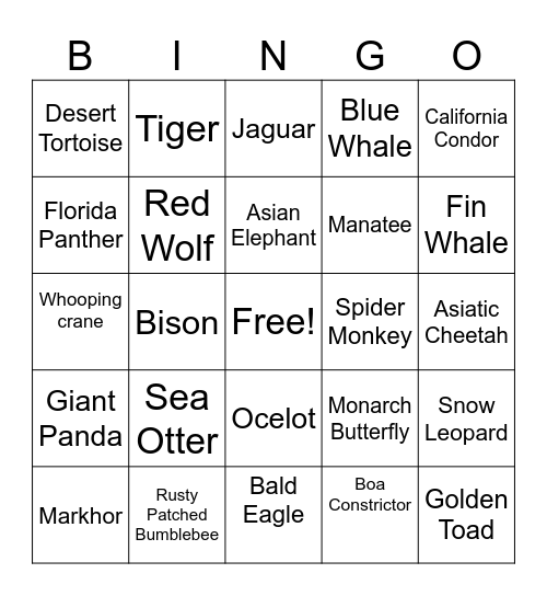 Endangered Species Bingo Card