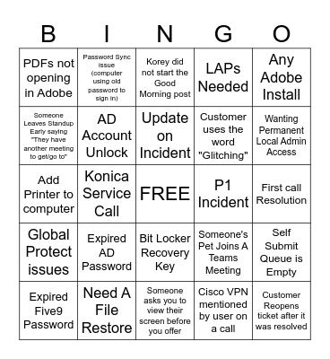 Service Desk BINGO Card