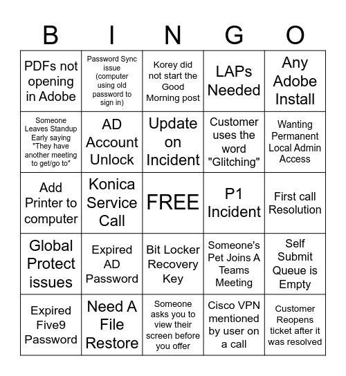 Service Desk BINGO Card