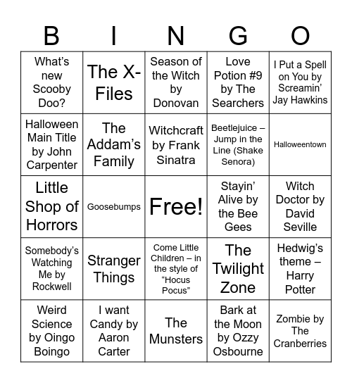 Halloween Music Bingo Card