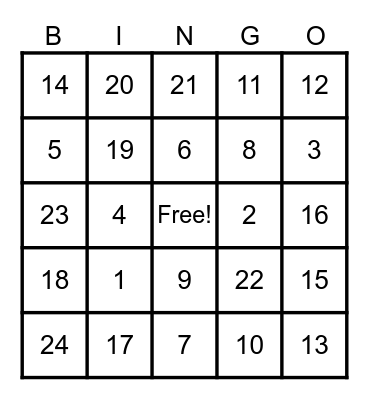 Number Bingo Card