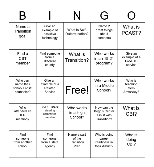 Transition Coordinators' Network of SJ Bingo Card