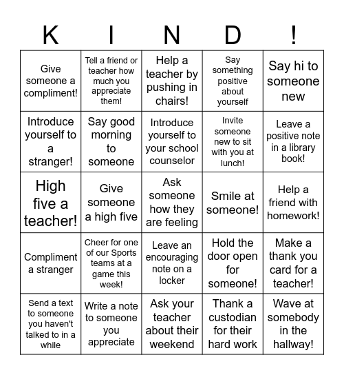 Kindness: Mission Possible Bingo Card