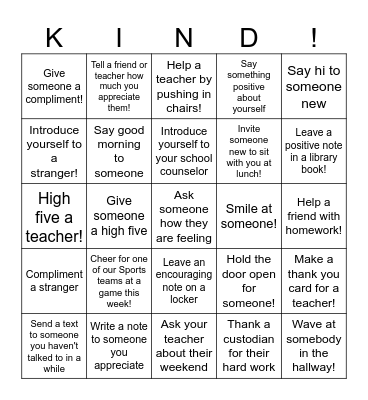 Kindness: Mission Possible Bingo Card