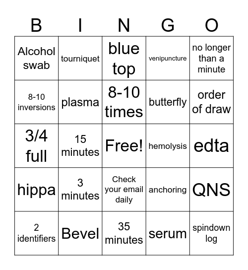 Team Brock Phlebotomy Bingo Card