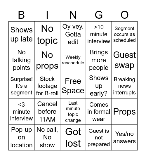 Just Another Day Bingo Card