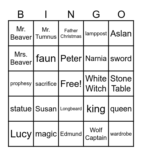 The Lion The Witch and The Wardrobe Bingo Card