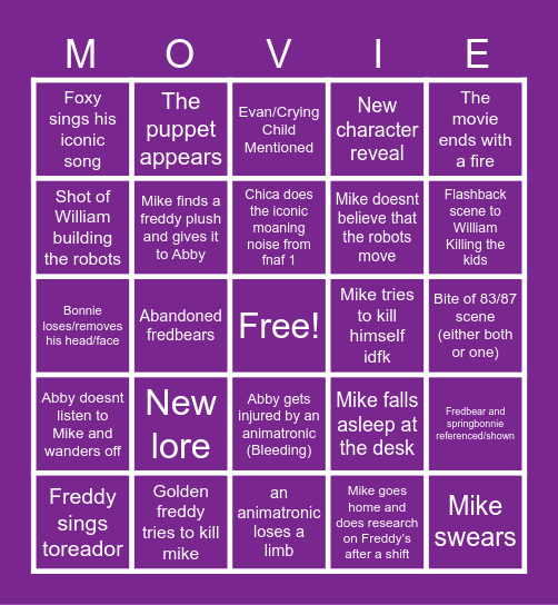 Fnaf Movie Bingo Card